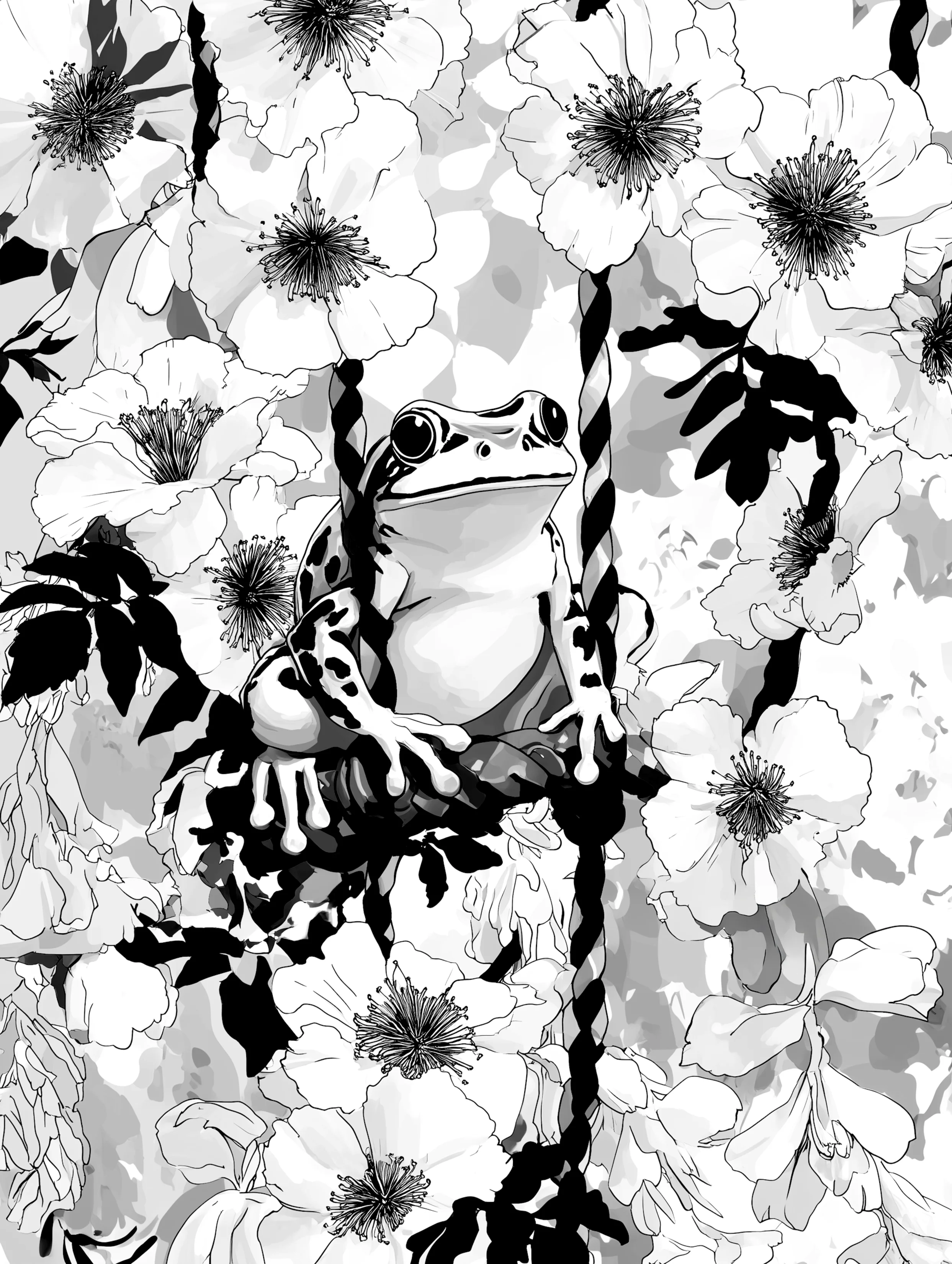 Free printable frog coloring page for adults featuring frog in a swing